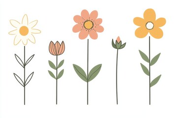Set of five simple flower icons with rounded shapes and clean outlines on a white background in flat vector style with consistent stroke width and pastel fills