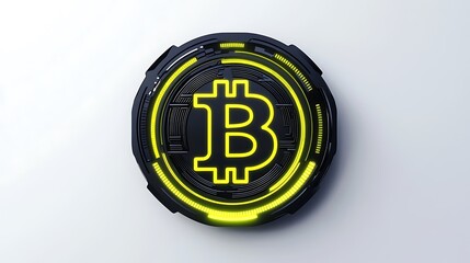 Neon Bitcoin logo on sleek black background with yellow accents
