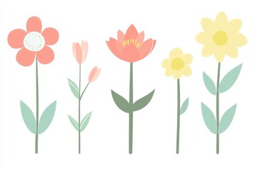 Collection of five simple flower icons with rounded shapes and pastel colors set against a white background, showcasing flat vector style and consistent outline width for design purposes
