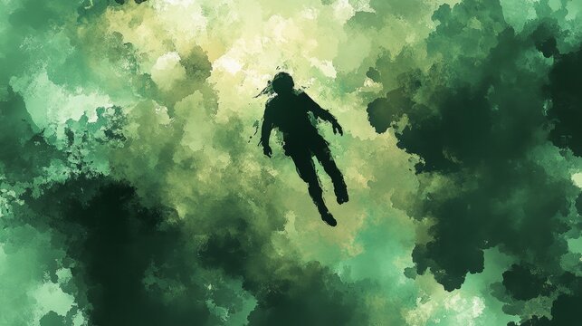 A man is flying through the air in a green and murky sky. The image has a surreal and dreamlike quality to it, with the man appearing to be weightless and free from the constraints of gravity