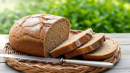 Freshly baked rustic rye loaf partially sliced on a wicker tray outdoors