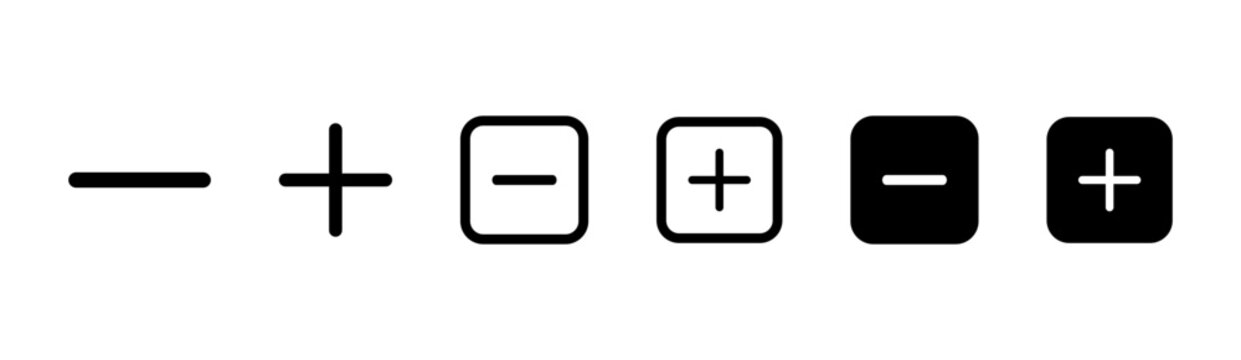 A collection of plus and minus symbols in various styles for ui design and calculations.