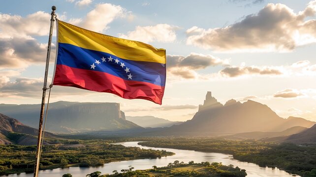 National Flag of Venezuela Waving Against Scenic Canaima National Park Landscape, Patriotic Venezuelan Heritage and South American Tourism Concept