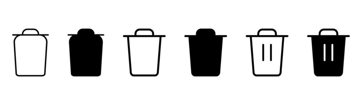 Collection of six black trash can and delete icons in various styles