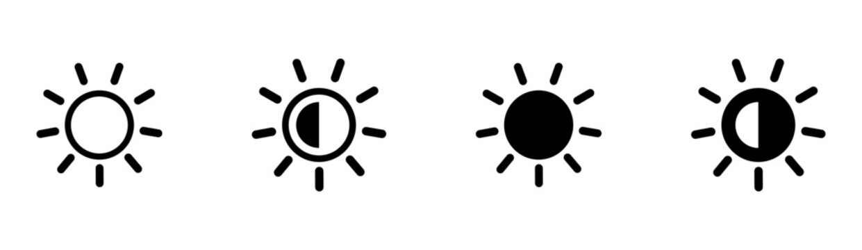 A set of four minimalist icons representing brightness adjustment and dark mode settings