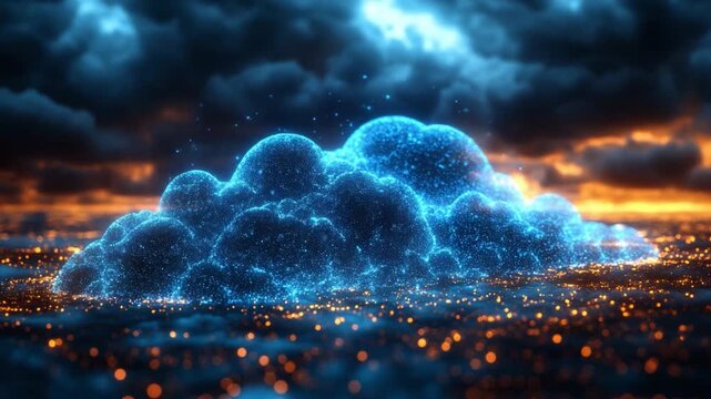 Cloud Computing Visualization: A stunning digital rendering of a cloud computing, with glowing lines and points. Representing the concept of technology and data in digital realm. 