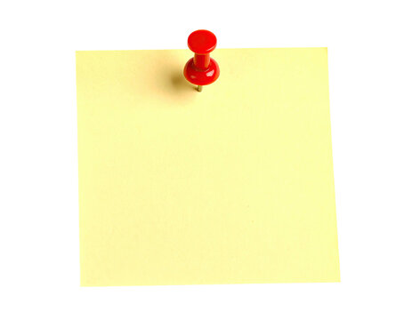 A yellow, blank, square sticky note pinned with a red tack against a black background