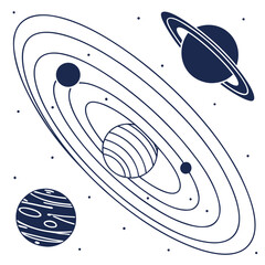 Dark blue planets and rings in space with motion arcs © shahin10