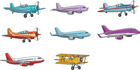 Colorful airplane and aircraft vector set featuring passenger jets, propeller planes, and aviation  © EdGe Creative