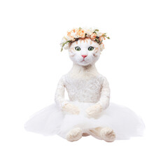 Cat In Bridal Attire With Floral Crown. Whimsical And Artistic Animal Portrait. Isolated On Transparent Background