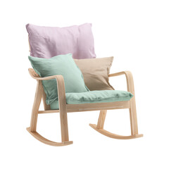 Wooden Rocking Chair With Colorful Cushions. Comfort And Relaxation In Home Decor. Isolated On Transparent Background