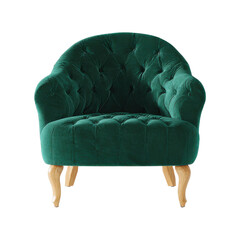 Green Velvet Armchair With Wooden Legs. Luxurious Seating For Elegant Interior Design. Isolated On Transparent Background