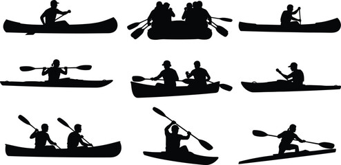Paddling silhouette, kayak canoe raft, water sport vector, outdoor adventure, black icons, rowing action, group activity, recreational boating, aquatic motion, 