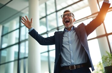 Middle aged businessman in suit and glasses throws arms up in office. He yells excitedly, celebrating success and achievement with joyful triumphant expression. Man feels great happiness.