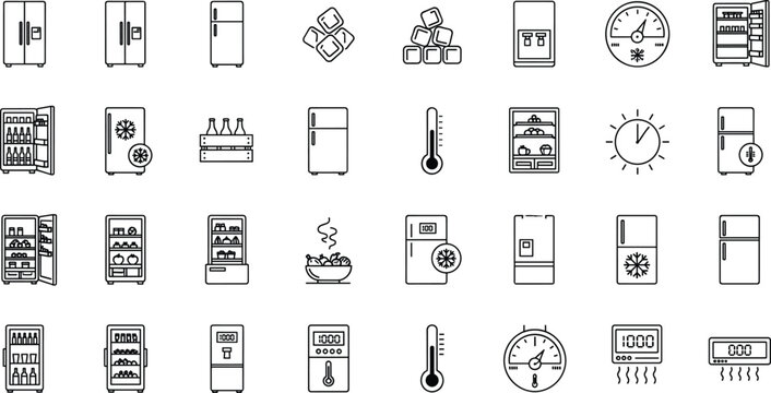 Refrigeration and cooling appliance outline icon set featuring refrigerators, freezers, temperature control, and cold storage equipment