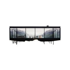 Modern Glass House With Mountain View. Architectural Design And Scenic Landscape Integration. Isolated On Transparent Background