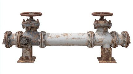 Rusty Industrial Pipe with Valves - Isolated on White