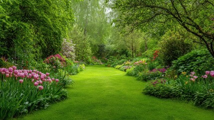 Lush green garden path winding through blooming tulips