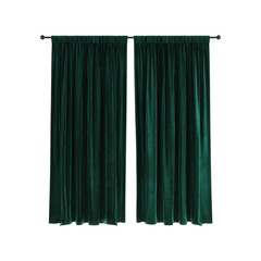 Luxurious Green Velvet Curtains Rod. Elegant Home Decor And Privacy Solution. Isolated On Transparent Background