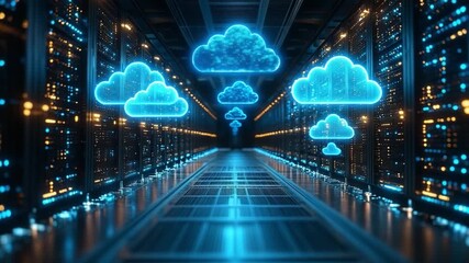 Digital Realm: Illustrative depiction of server room and cloud, with neon-like blue cloud and server light glowing. - Powered by Adobe