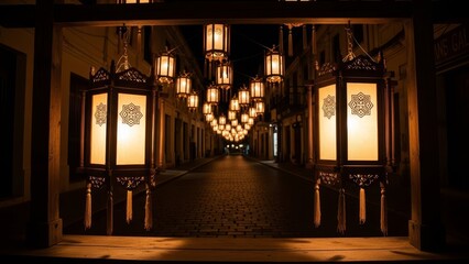An avenue lit with ornate lanterns at night framed by a wooden structure The lanterns cast a warm glow on the cobblestone street
