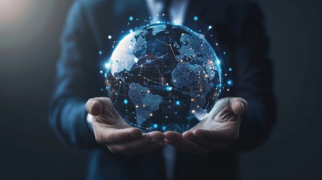 Businessman holds globe representing global connections in digital marketing and creative solutions in a modern office setting during the day - Powered by Adobe