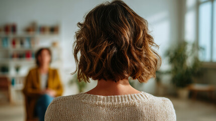 Close-up rear view of a woman during therapy session in modern psychologist office