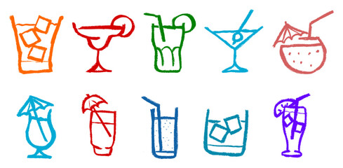 Cocktail And Drink Icons Crayon Chalk Drawing Vector Set