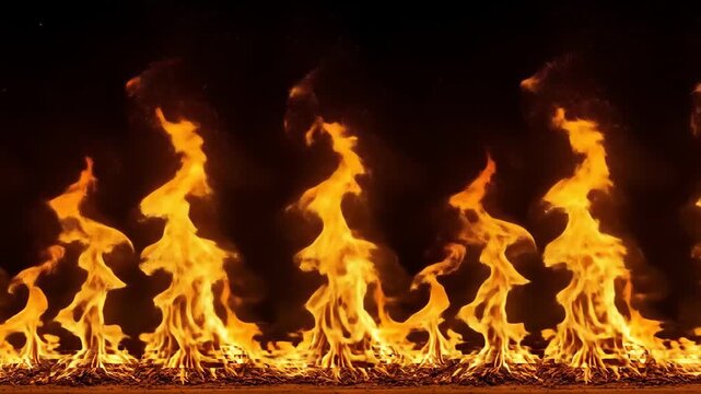 Intense flames rise against a dark background, creating a dramatic and fiery scene.