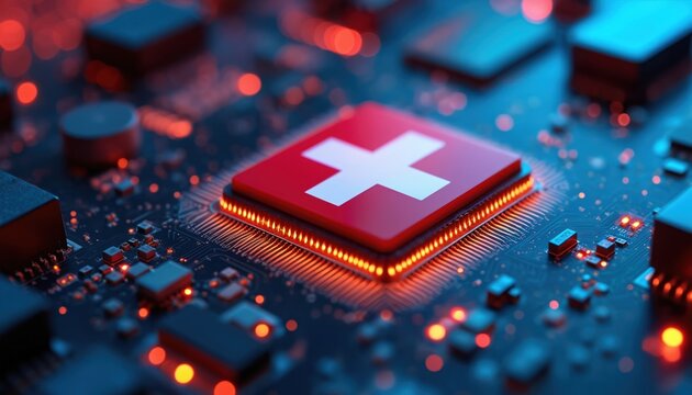 Close up of a Swiss flag on a computer chip glowing with internal red lights. Electronic circuit board with components and bokeh effects suggests digital innovation. - Powered by Adobe