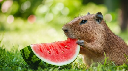 Cute capybara bites into a juicy watermelon slice in a green summer setting with blurred background and vibrant vibes perfect for a greeting card design