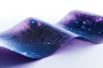 Futuristic digital wave pattern with purple and blue dots on white background