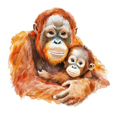 watercolor graphic of Mother Orangutan With Her Kid, isolated on a white background. © soltrex