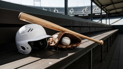 Baseball gear rests on a wooden bench in a stadium dugout