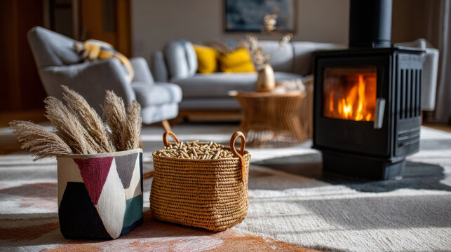 Modern living room with pellet stove and decorative basket of wooden pellets