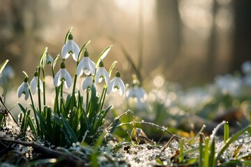 Delicate snowdrops bloom in a spring morning light as nature slowly awakens with the arrival of warmer days and new growth