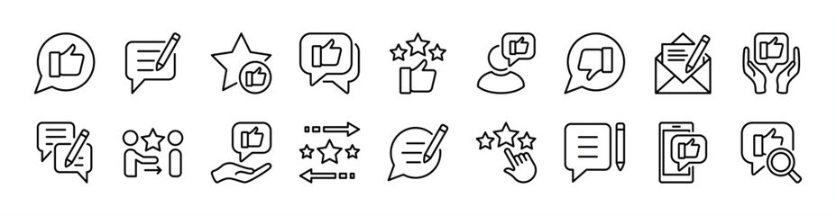 Feedback, review, and satisfaction thin line icon set. Contains like, comment, thumb up, star, positive rating for testimonial, quality, service, opinion. Speech bubble communication for social media