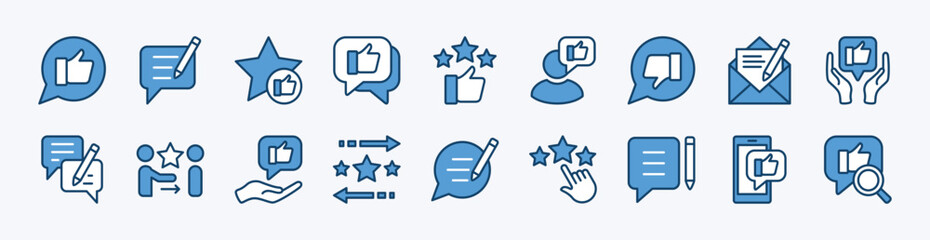 Set of feedback, review, and satisfaction icon. Contains like, comment, thumb up, star, positive rating for testimonial, quality, service, opinion. Speech bubble communication for social media. vector