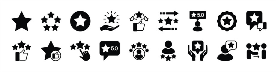 Rating, review, satisfaction icon vector set. Contains five stars, thumb up and down, positive for customer service, best quality, testimonial, feedback, opinion, evaluation, performance. Illustration