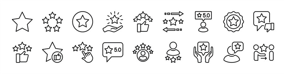 Rating, review, satisfaction thin line icon set. Contains five stars, thumb up and down, positive for customer service, best quality, testimonial, feedback, opinion, evaluation, performance. Vector