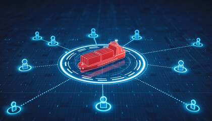 Global Network: A digital representation of a cargo ship symbolizes international trade and supply chain connectivity, featuring interconnected nodes.