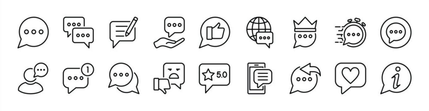 Social media comment icon set. Contains Speech bubble, conversation, write, feedback, fast response, inbox, satisfaction, information, like button, global communication - vector illustration