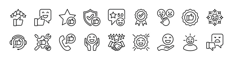 Customer satisfaction thin line icon set. Contains feedback, rating, review, support, five stars, thumb up, good service and quality communication, client experience, trust, smile emoji- vector