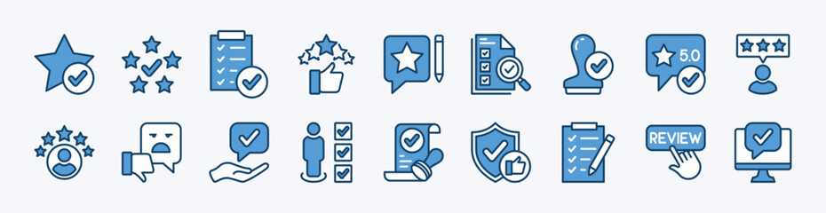 Set of rating and review icon. Contains checkmark, five stars, checklist, confirm button, approval, security, stamp, skills, data analysis, verified profiles, certification, network comment - vector