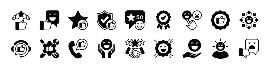 Customer satisfaction icon vector set. Contains feedback, rating, review, support, five stars, thumb up, good service and quality communication, client experience, trust, smile emoji - illustration