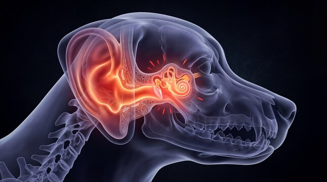 Detailed veterinary medical illustration of a dog's skull showing inner ear infection