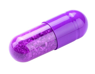 A close-up shot of a purple, translucent capsule filled with a granular substance