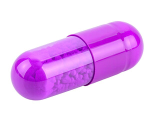 Close-up of a translucent purple capsule filled with tiny purple granules, isolated on black