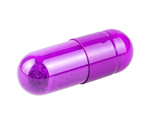 Close-up of a single purple capsule on a black background, suggesting medicine or supplement