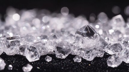 A close up view of many small perfectly formed clear crystal shards with sharp geometric facets glistening under focused light